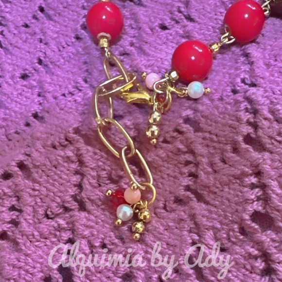 Coral and sunstone maxi beads gold chunky adjustable bracelet - Picture 3 of 7